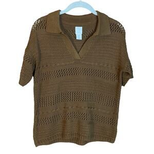 Joie Brown Crochet Collared Beach Shirt Size S